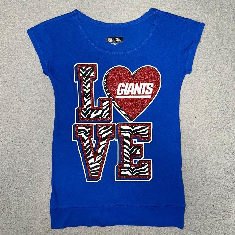 New York Giants‎ LOVE T Shirt Youth Size 8/10 Blue Glitter Logo Team Apparel Tee